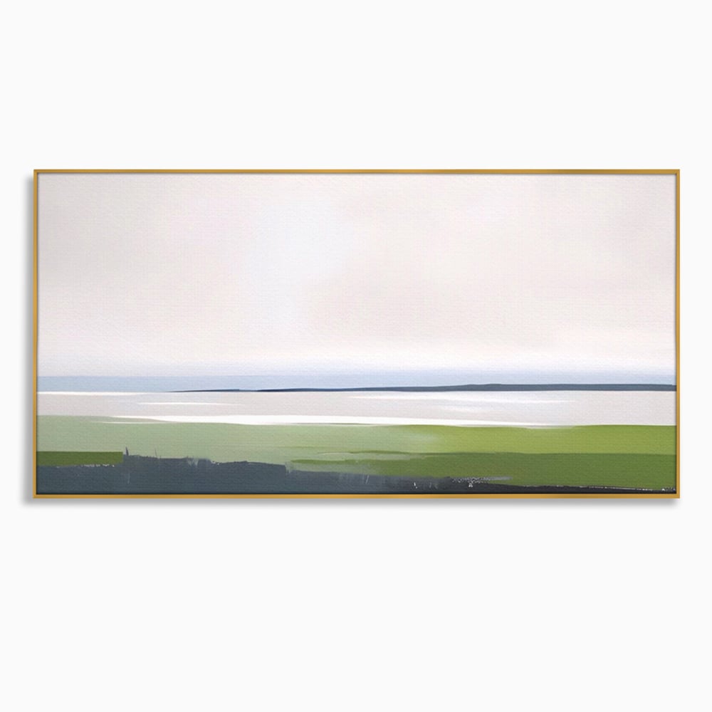 Tablou canvas cu pictura orizontala cu peisaj de campie si apa, in rama de aluminiu auriu